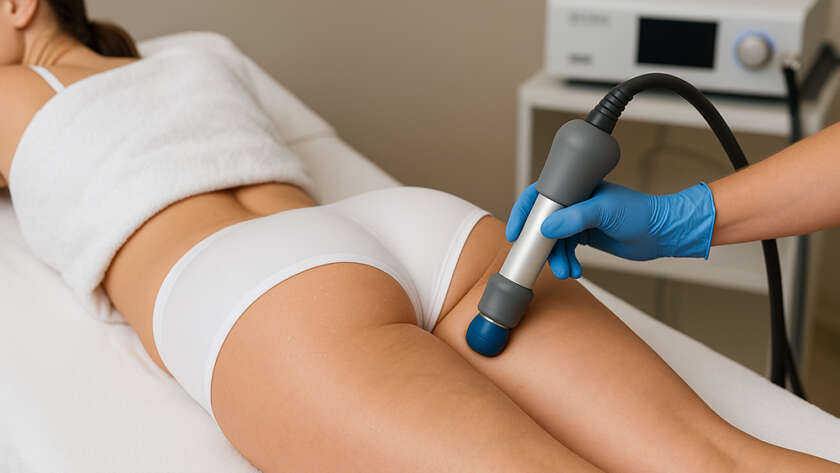 Donna durante un trattamento con onde d’urto contro la cellulite in un centro estetico moderno