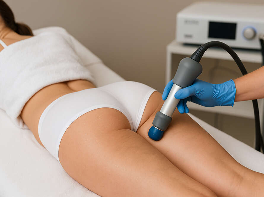 Donna durante un trattamento con onde d’urto contro la cellulite in un centro estetico moderno